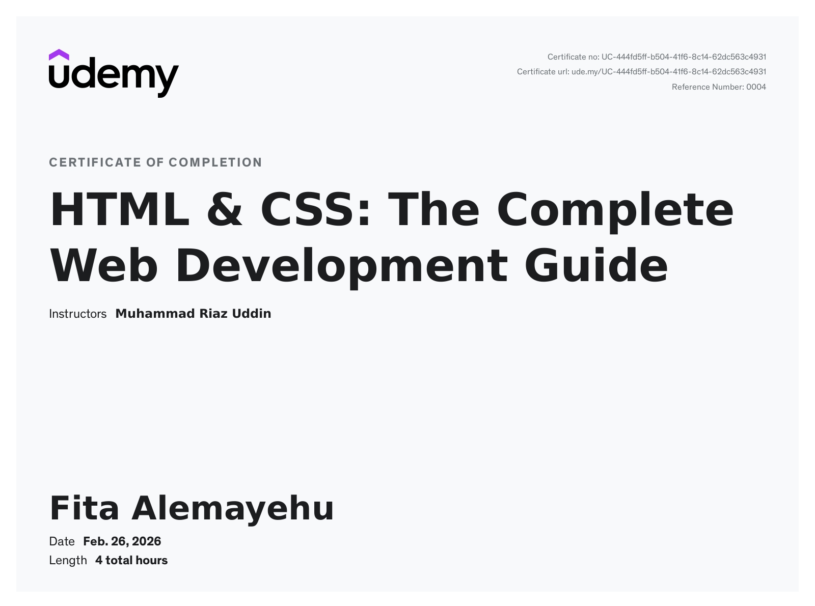 Certificate of completion: HTML & CSS: The Complete Web Development Guide, Udemy